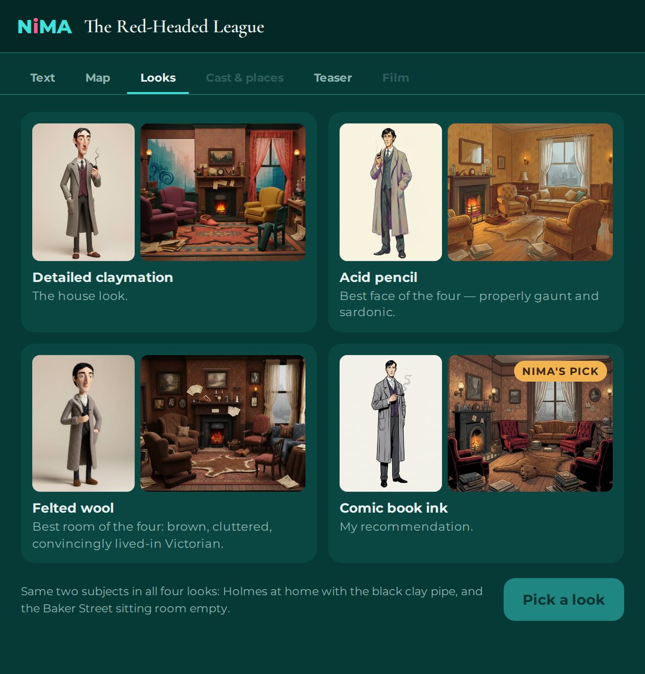 The Looks step in Long-form Video: the same character and the same room, drawn in four of the five looks.