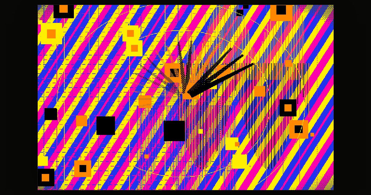 A frame from the instrument: flat clashing plates of colour, hairline stripes and a lattice of dashed line