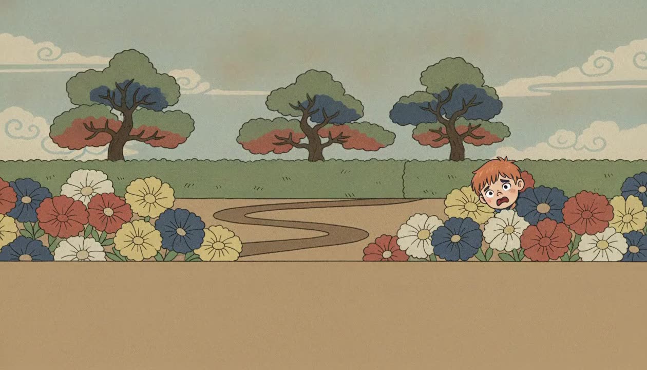The start of the shot: the kid hiding in the flower bed.