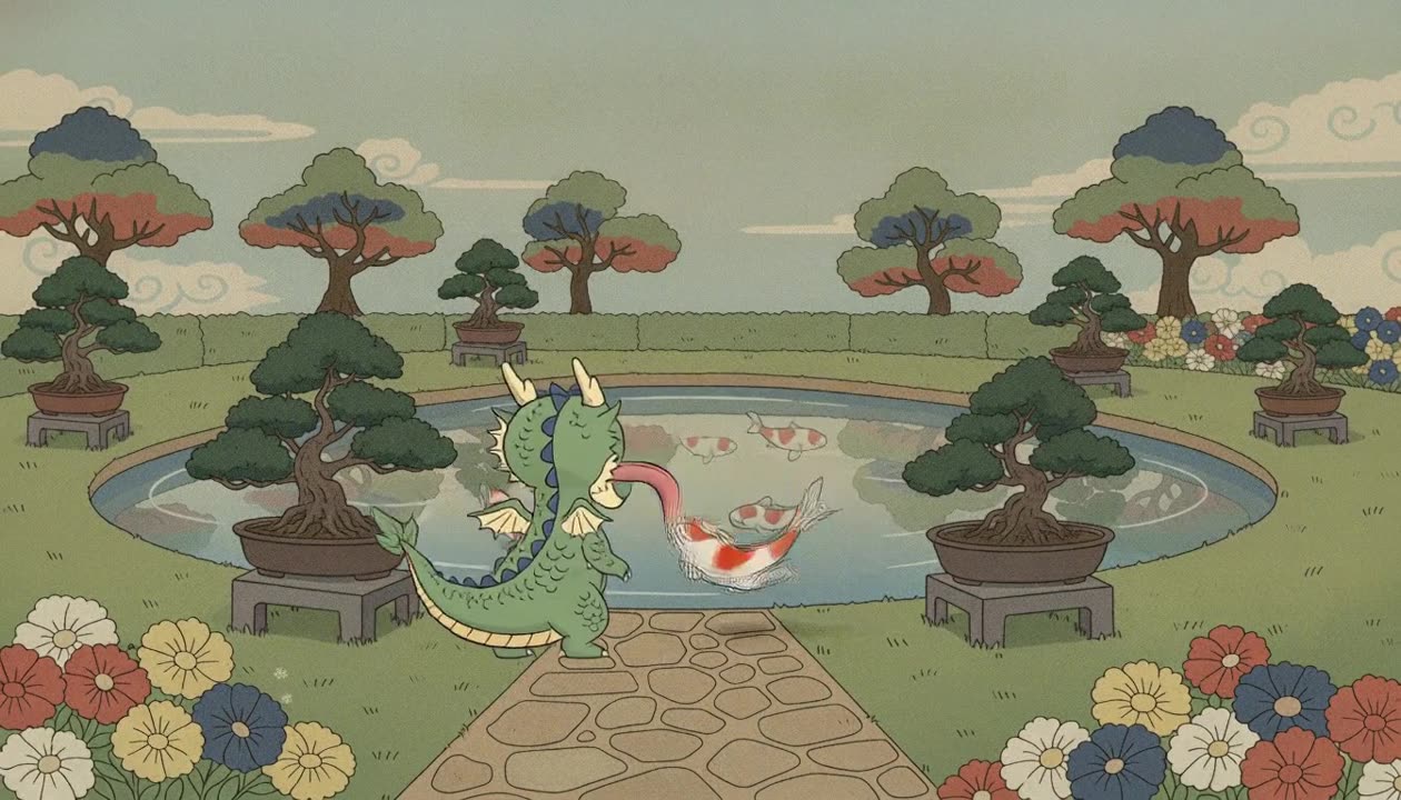 Shot 2: the dragon at the koi pond.